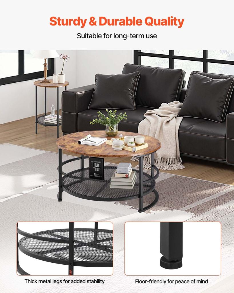 3 Pieces Round Coffee Table Sets, 80 cm Industrial Living Room Table with 2 End Side Tables, Easy Assembly Coffee and End Tables Sets with Metal Legs,