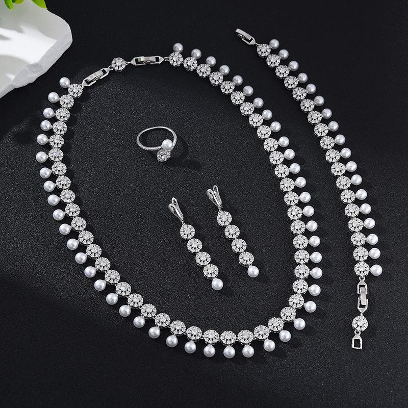 Fashion Zircon Pearl Three-piece Necklace, Earrings, Ring Set, European and American Bridal Wedding Accessories Light Luxury 2026 45CM