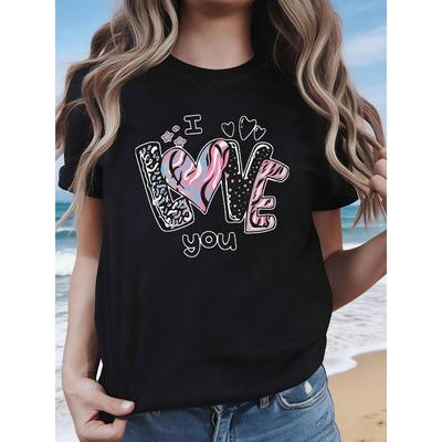 Plus Size, I LOVE You Graphic Print Plus Size Women's T-shirt, Short Sleeve Crew Neck Casual Top for Summer & Spring, Women's Clothing