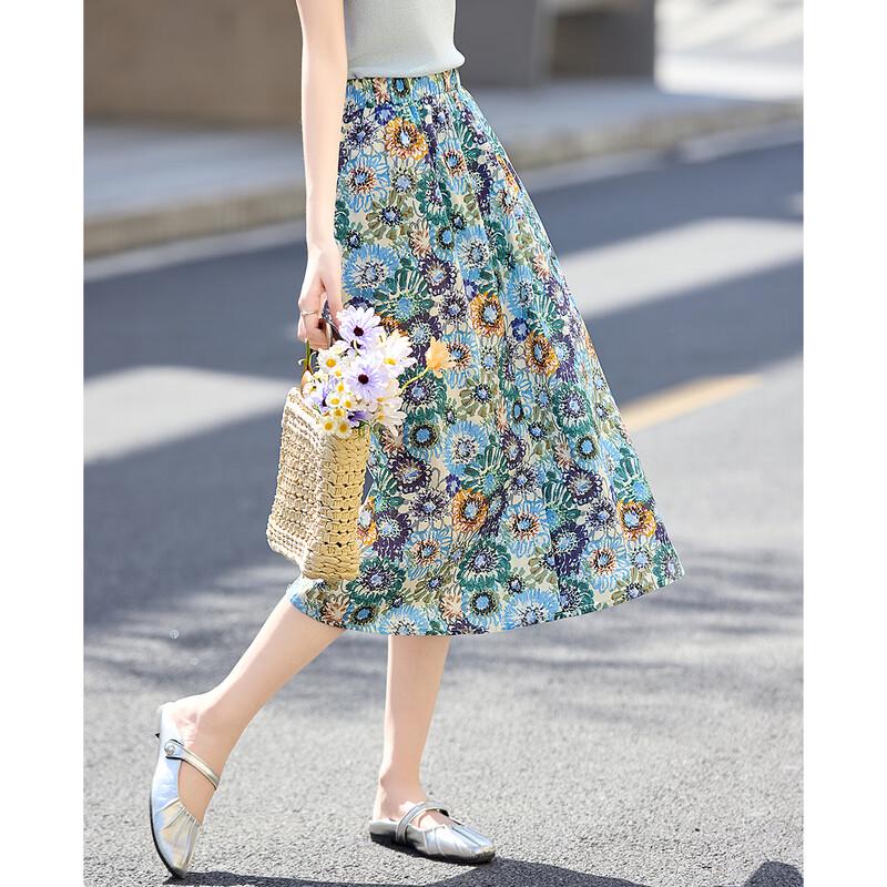 French Romantic Plant Floral A-line Midi Skirt M