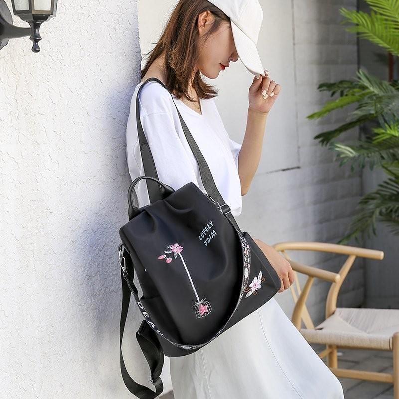 Floral Embroidered Double Backpack Large Capacity Women's Bag Oxford Fabric Blue Black Khaki