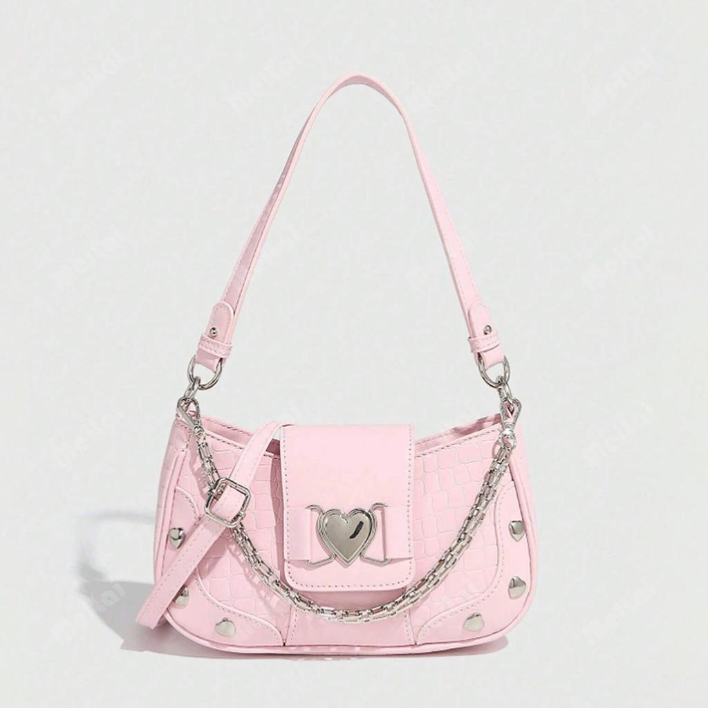 Damen Krokodil-Textur PU-Leder Achseltasche, Kette & Herz-Dekor Y2K Punk Hobo-Tasche, Trendige Vielseitige Lässige Umhängetasche