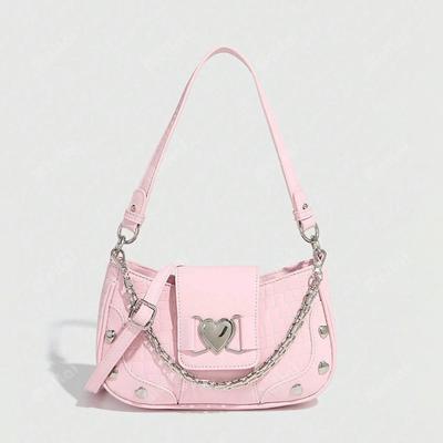 Damen Krokodil-Textur PU-Leder Achseltasche, Kette & Herz-Dekor Y2K Punk Hobo-Tasche, Trendige Vielseitige Lässige Umhängetasche