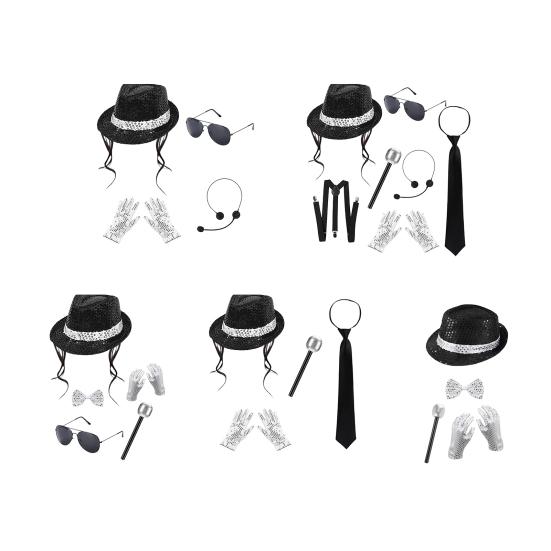 Sada kostýmu popové rockové hvězdy pro dospělé, Černý klobouk s flitry, Brýle, Rukavice, Mikrofon, Kostýmové doplňky pro hraní rolí na Cosplay party, Halloween