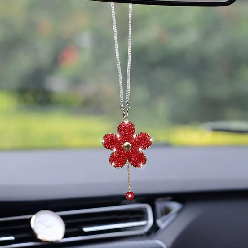 Bling Car Hanging Charm Accessories, Crystal Flower Car Rear View Mirror Pendant Decoration, Car Interior Ornament Accessories for Women Girls