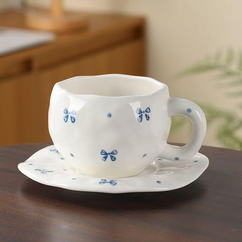 Korean Hand-Painted Ceramic Cup & Saucer Set - Creative Irregular Design for Coffee & Tea