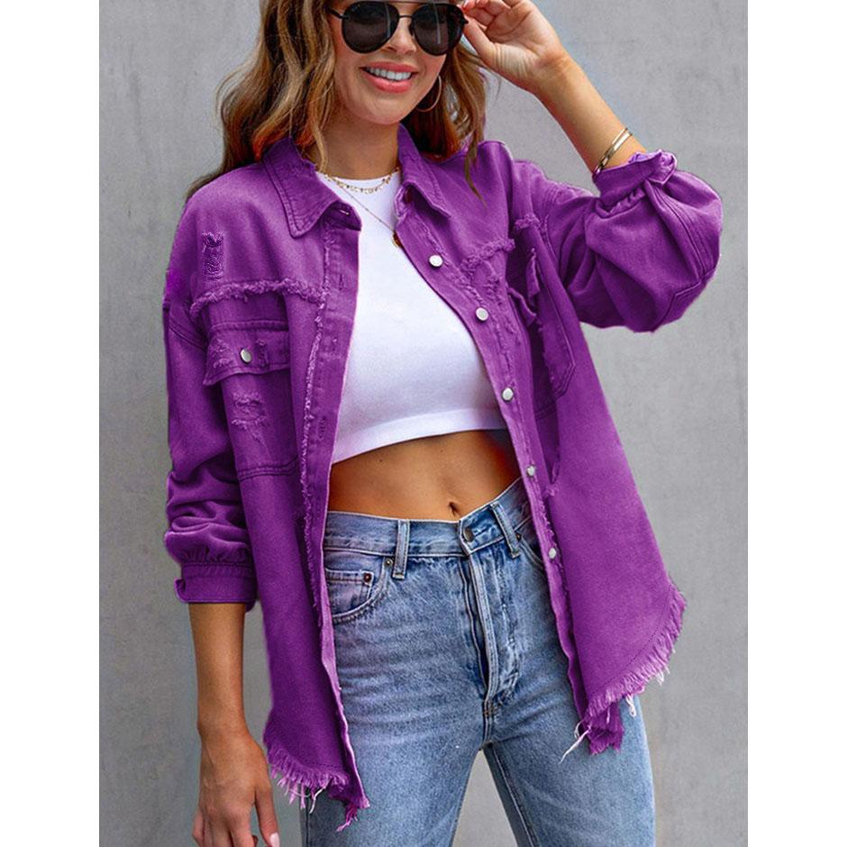Hip Hop Rough Edges Denim Jacket Ripped Pocket Lapel Long Sleeve Single-breasted Vintage Jeans Jacket Coat Women Spring Coat