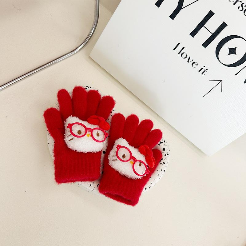 

New Children s Gloves Korean Cute Cartoon Glasses Five Finger Gloves Warm Finger Gloves for Boys and Girls one sze