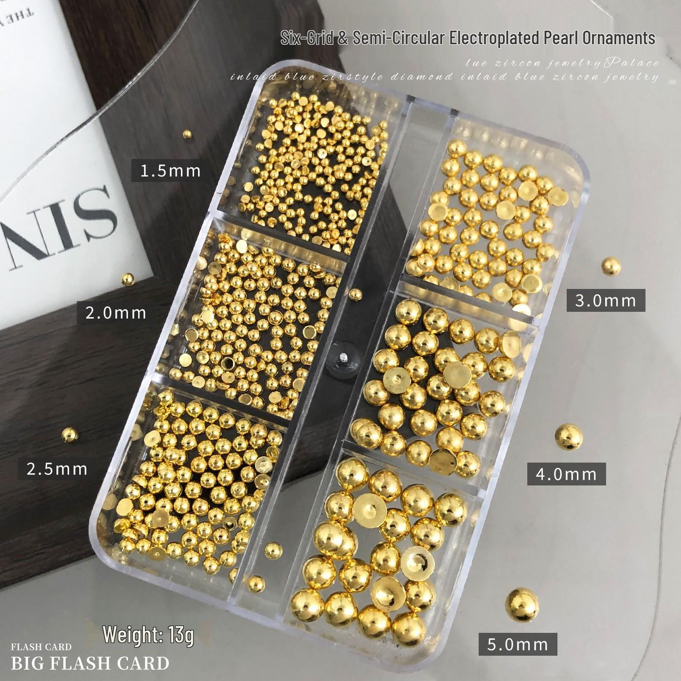 6-Grid Electroplated Pearl Nail Art Set: Metal Silver Flat-Half-Round Rhinestone DIY Decorations