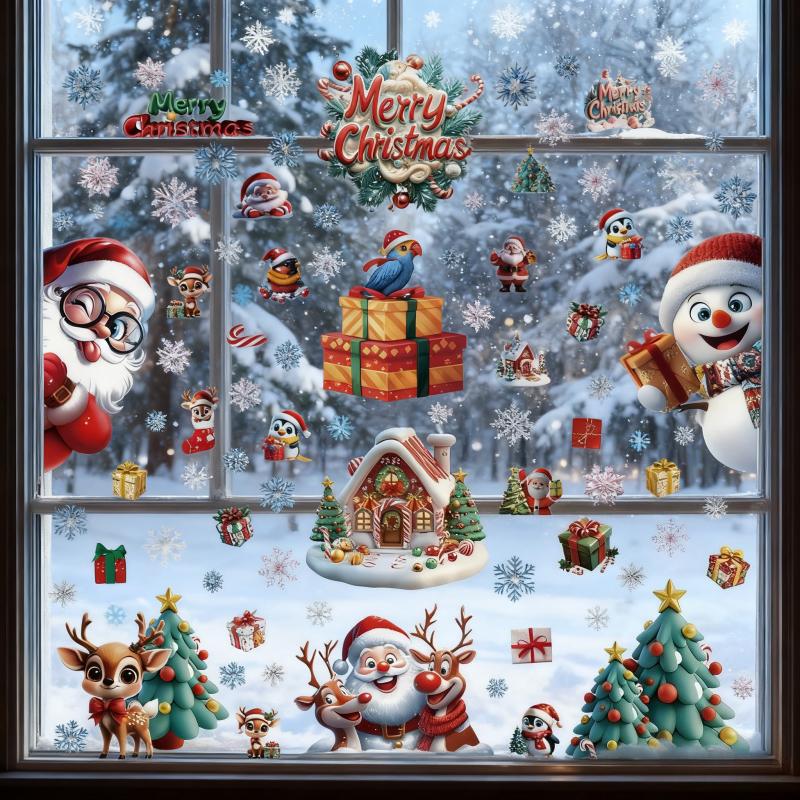 Cute Cartoon Santa Claus Snowman Snowflake Stickers for Bedroom Living Room Window Decor Winter Christmas Glass Static Decals