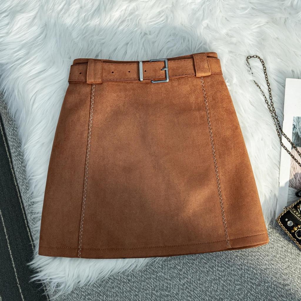Plus Size Coffee Color Suede Velvet High Waist A-line Skirt – Anti-exposure, Hip-hugging, Short, for Women