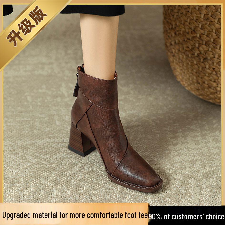 

Chunky Heel Ankle Boots: Women s High Heel Winter Boots with Plus Velvet, Brown Slimming Retro Style, British Martin Design, Available in Black. 38