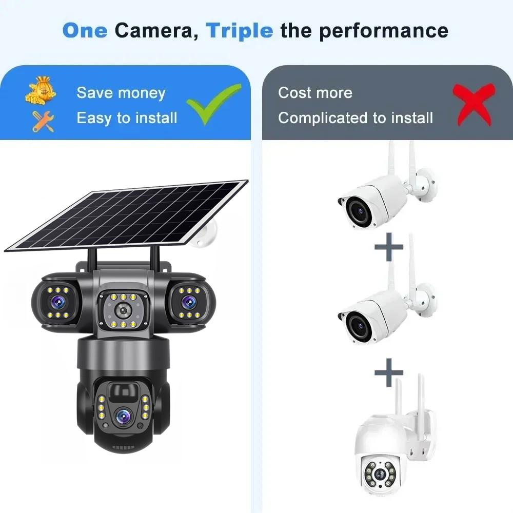 Triple-Lens Triple-Screen Solar HD Security Camera, 10x Zoom with PIR Human Detection Night Vision Recorder