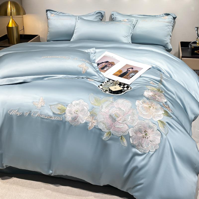 

Комплект постельного белья из ледяного шелка, четырехпредметный, вышивка, приятный к коже, дышащий, удобный, простыня, пододеяльник, наволочка 2.0m bed