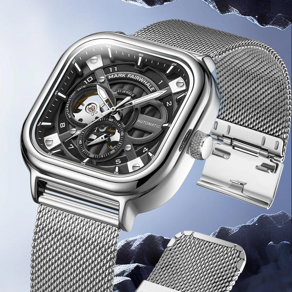 Mark Fairwhale 6014 Herren Automatikuhr Mechanische Uhr Quadratisches Zifferblatt Edelstahl Wasserdichtes Netzarmband Uhren für Herren