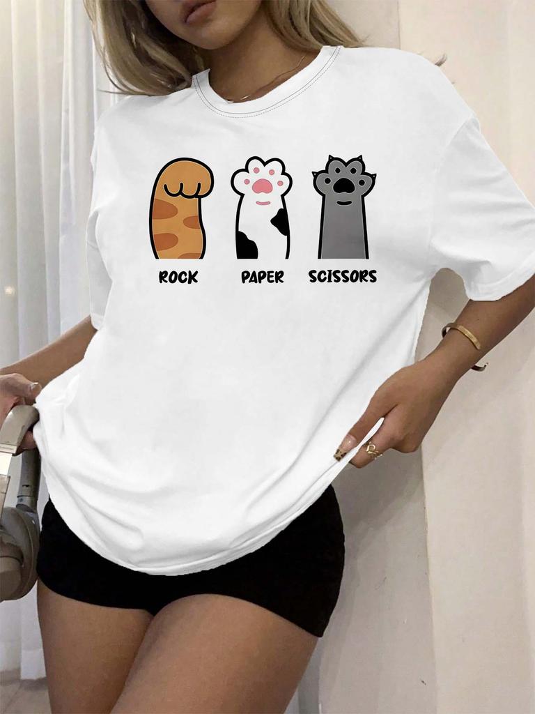 Women's Casual Short-sleeved Top Printed with Rock-paper-scissors and Cat Paw Patterns.women Clothing Fashion Summer Streetwear