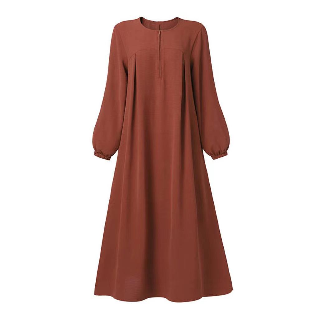 2023 Solid Color Long-Sleeve Round Neck Zipper Dress for Muslim Women