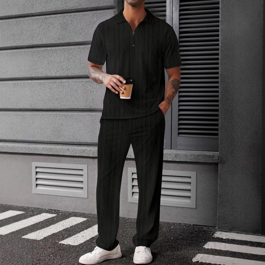 New Summer Fashion Short-sleeved Men's Casual Shirt Solid Color Half-sleeved Long Pants Two-piece Set Men