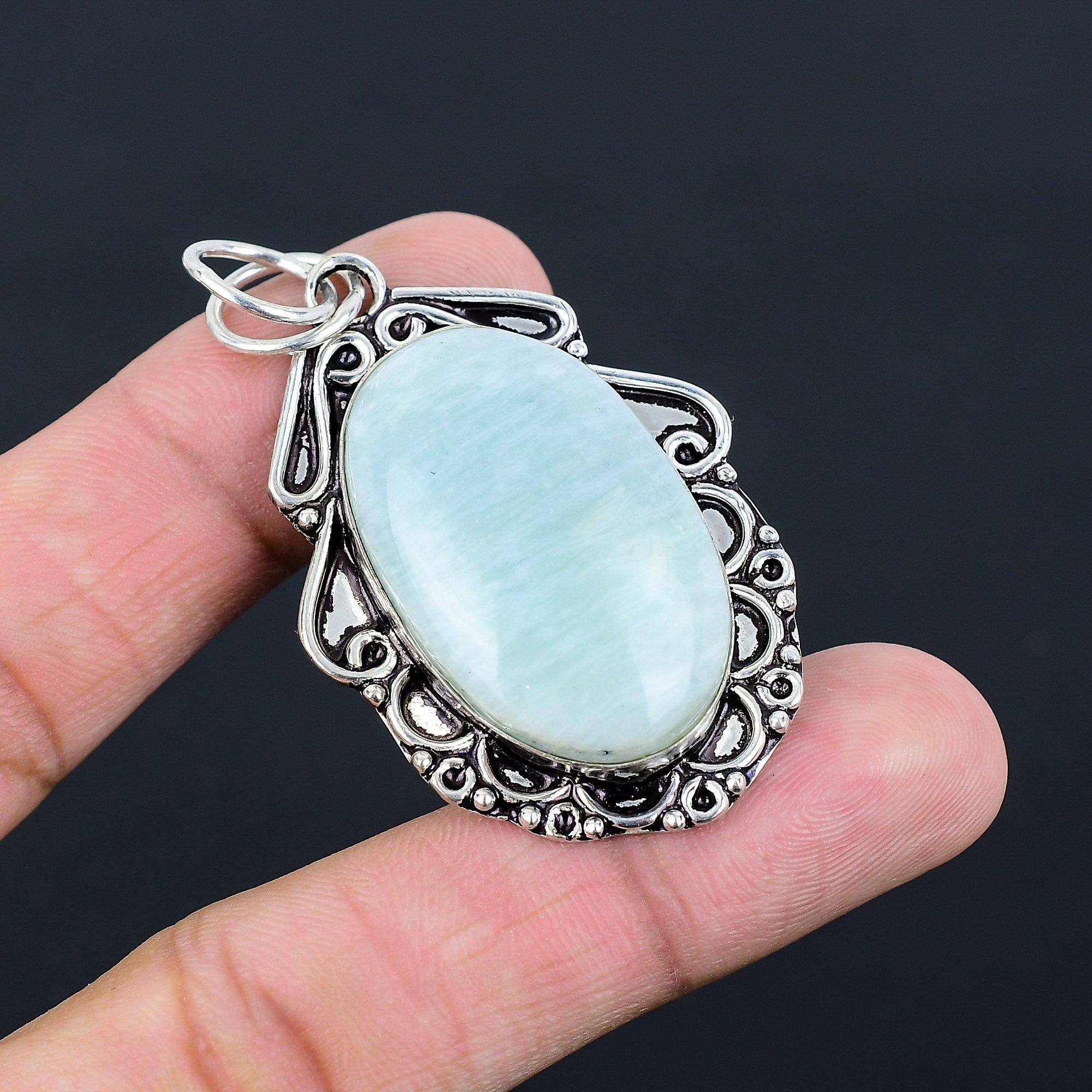 

Oval Amazonite Stone 925 Silver Bezel Trendy Art Deco Daughter Pendant Jewelry