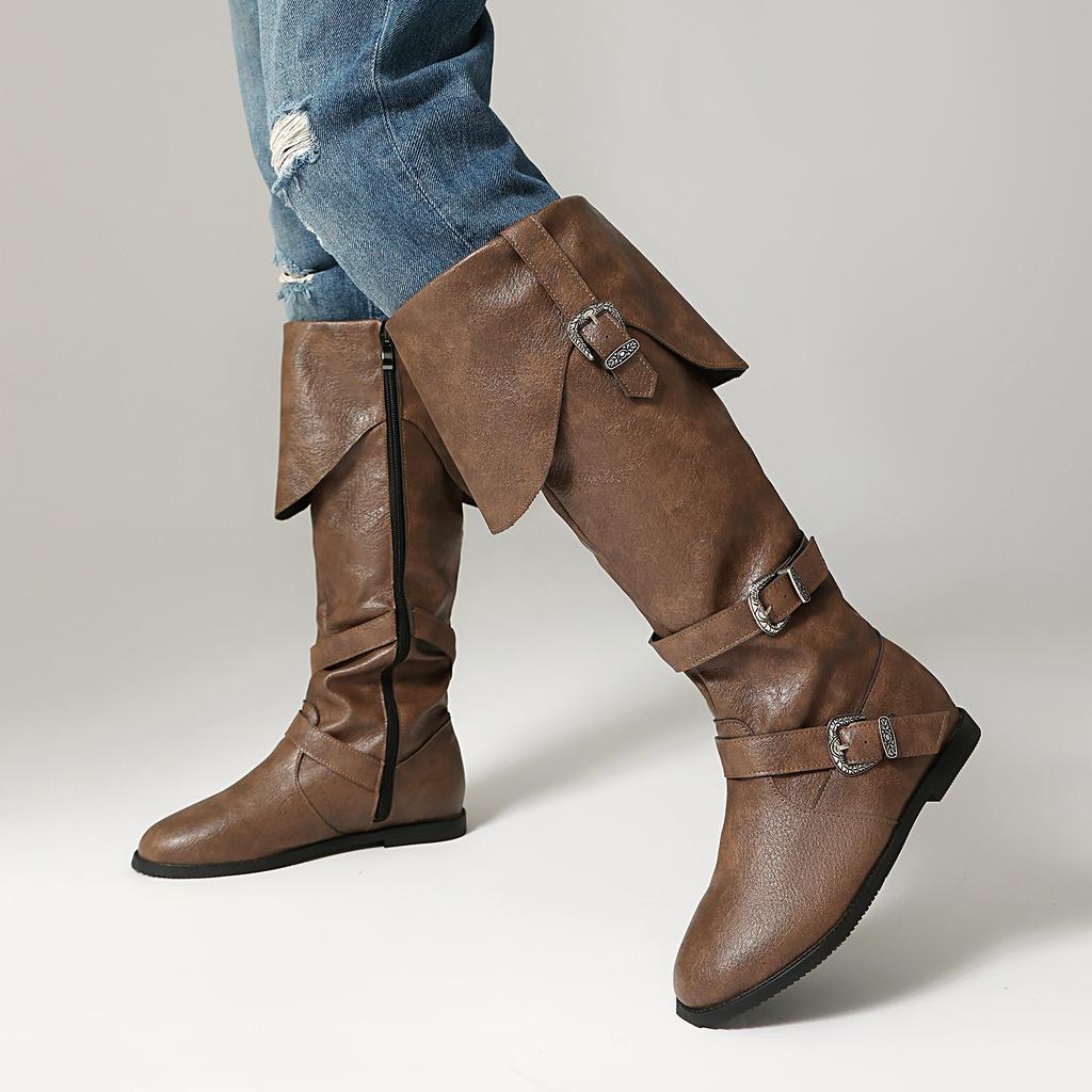 Caribbean Pirate Knee High Boots Women Tall Booties Halloween Costume Renaissance Medieval Cosplay Soft Leather Flat Shoes