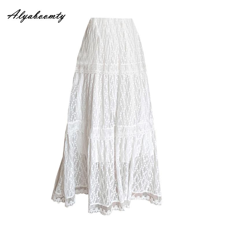 Fairycore Autumn Winter Women White Maxi Long Lace Skirt Elastic Waist Floral Embroidery Delicate Skirt Elegant Feminine Ladies' Basic Skirts