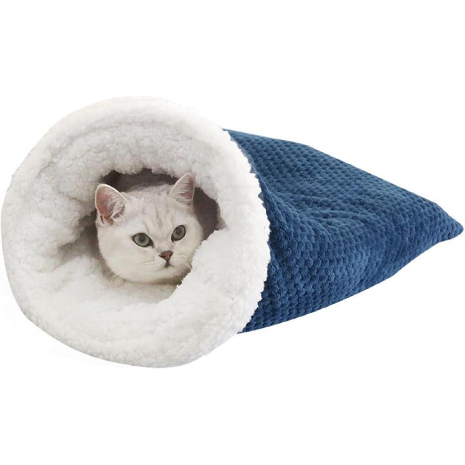 Cat Sleeping Bag - Soft Plush Large Self-Warming Bed for Winter, Cosy Cave 360 Wrap Comfortable Pet Snuggle Sack for Cats up to 6kg, Dark Blue