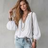 Dames V-hals Lange Mouwen Blouse Effen Kleur Casual Losse Pasvorm Strandvakantie Top