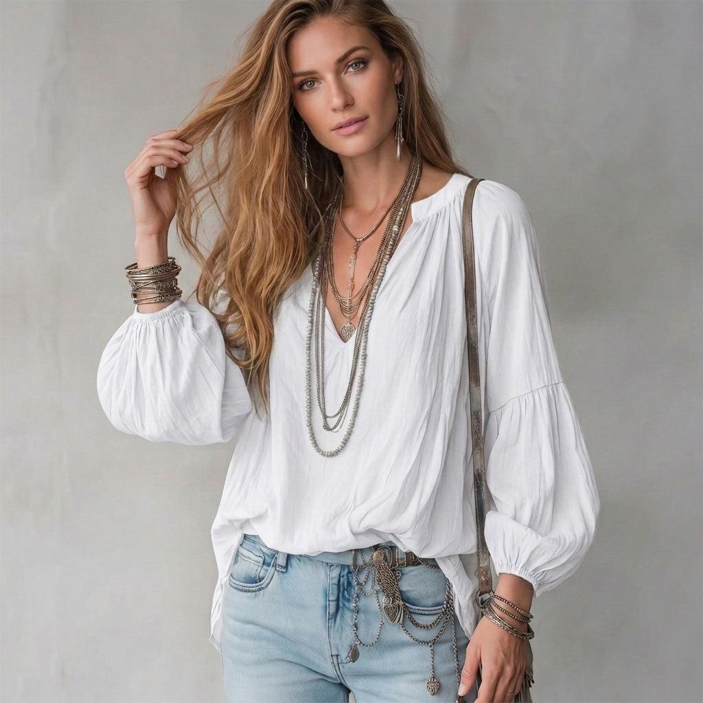 Dames V-hals Lange Mouwen Blouse Effen Kleur Casual Losse Pasvorm Strandvakantie Top