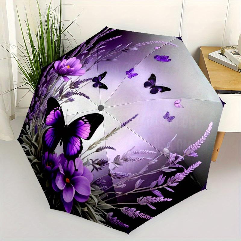

1pc butterfly Garden Purple Floral Umbrella - Home Essential Portable Folding Umbrella with Durable Iron Frame Suitable for Al Iron&8K