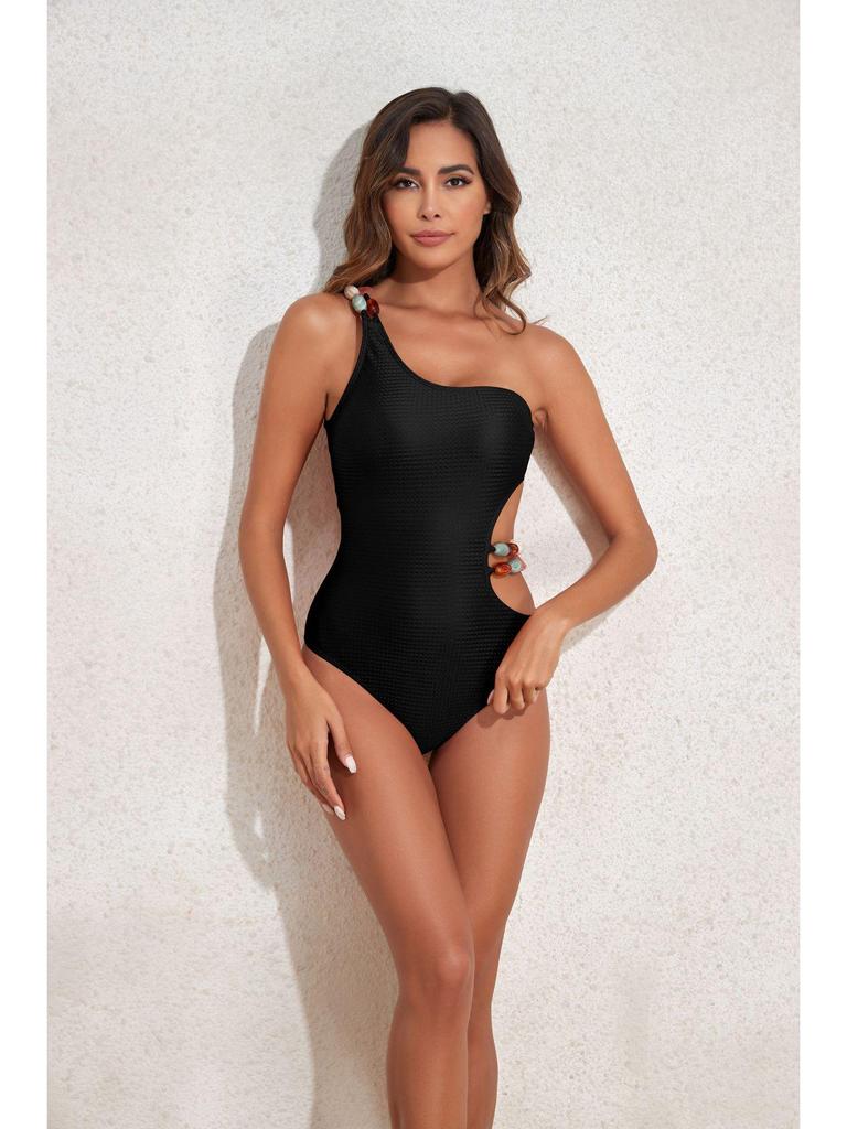2025 Women's Beaded One-Shoulder Slimming Swimsuit: Tummy-Covering Bikini & Sun Protection Gauze Skirt