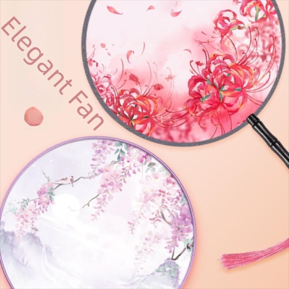 Ventaglio Cinese Rotondo in Seta Manico Lungo Design Ricamato Stampa Vintage Ventaglio di Seta Pittura a Inchiostro Forma Rotonda