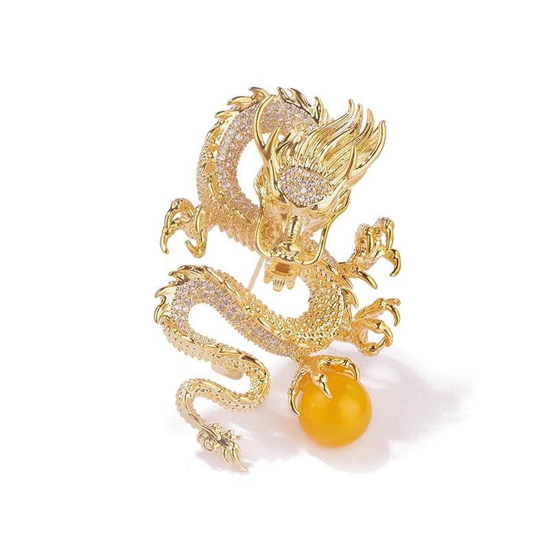 Golden Dragon Drama Ball Year Of The Dragon Gift Zodiac Dragon Brooch Women'S High-End Suit Accessories Pin Chinese Style Decoration