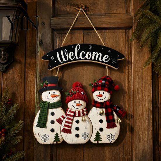Vintage Style Seasonal Home Accents Christmas Wooden Hanging Sign, Rustic Holiday Wall Decor with Santa Claus Door Hanger Reindeer And Snowman