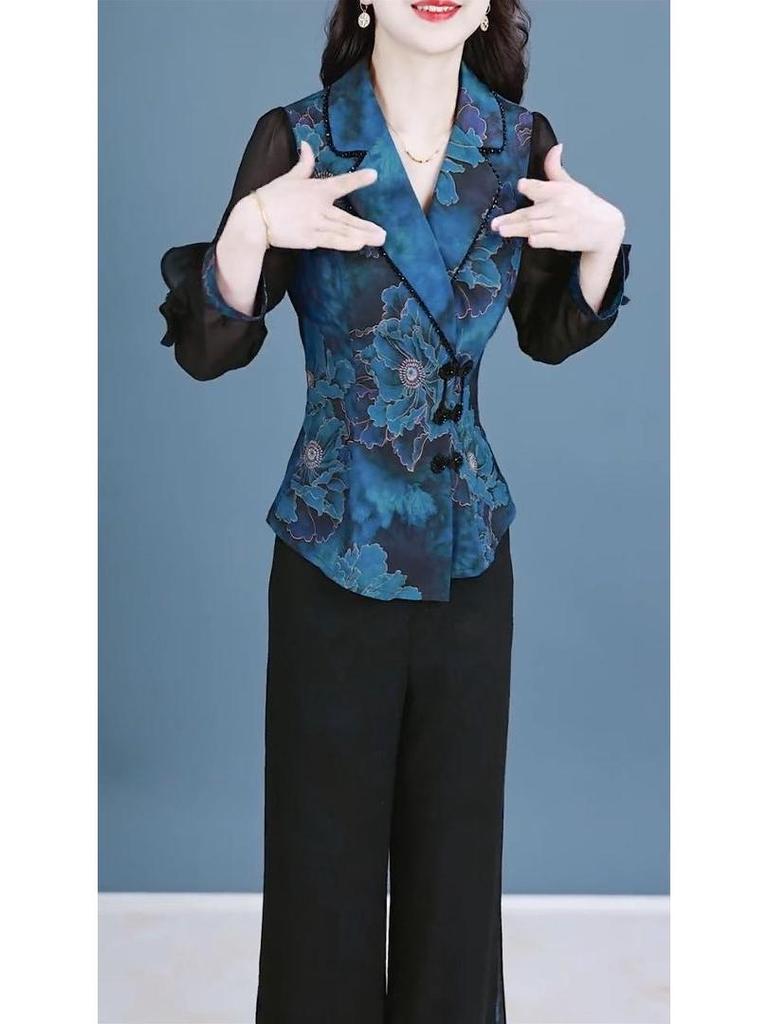 2025 Spring Women's Chinese National Style Two-Piece: Slimming Top & Wide-Leg Pants