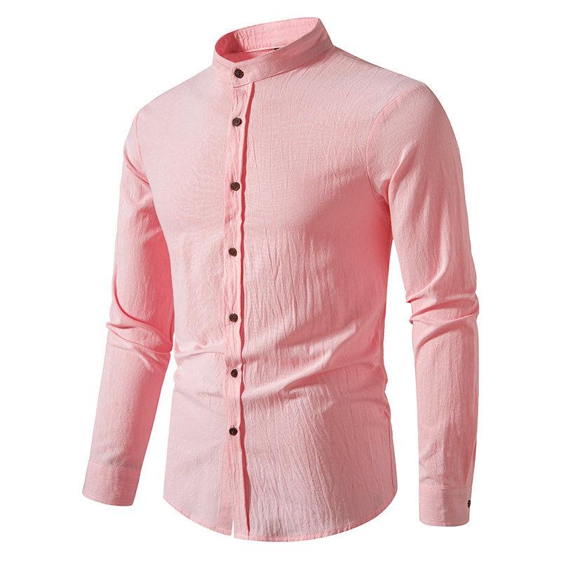 Bavlněná lněná košileNová pánská vintage bavlněná lněná krepová košile s límečkem Henley