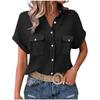 Womens Summer Fashion Color Lapel Casual Button Pocket Short Sleeved Shirt Top