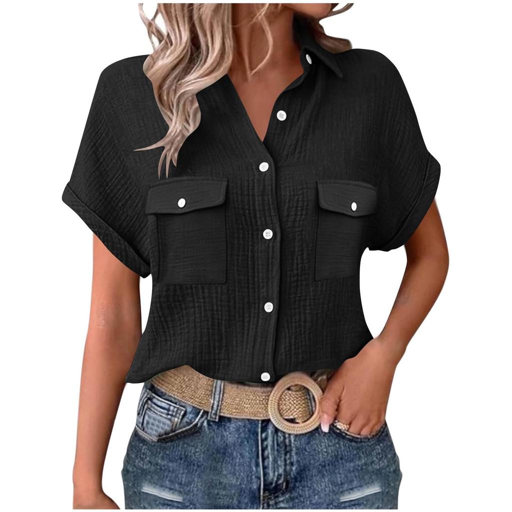 Womens Summer Fashion Color Lapel Casual Button Pocket Short Sleeved Shirt Top