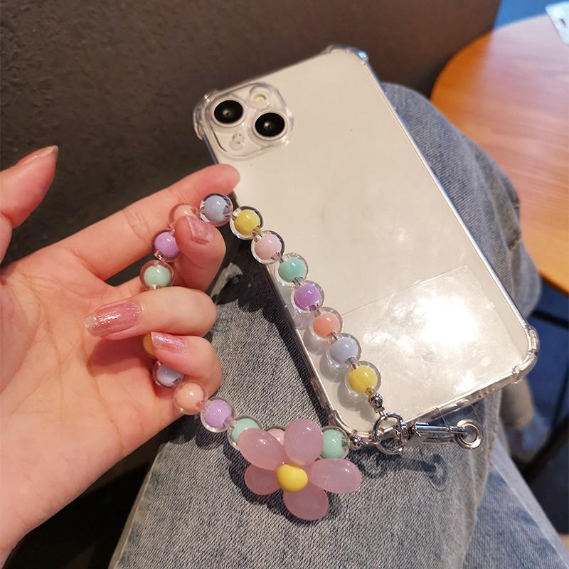 1PC Phone Anti-lost Lanyard Key Short Wrist Pendant Colorful Macaron Round Bead Pendant Women's Hand-held Chain Mobile Phone Lanyard