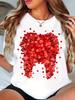 Women's Dental Valentine's Day T-shirt Funny Heart-shaped Teeth Print Casual Round Neck Summer Oversized Women's Clothing