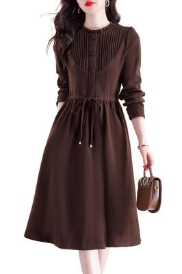 Chubikime Long Sleeve Dress with Ruffles and Crew Soft Corduroy Warm and Flattering for Fall and Perfect for Work or Casual Wear Women's Midi-Length
