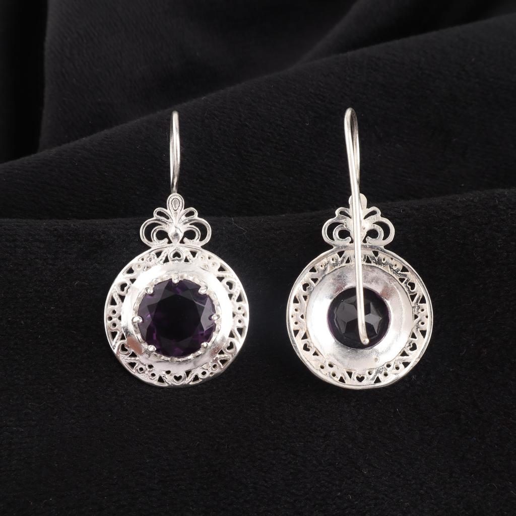Amethyst Gemstone Silver Earring 1.5" , 925 Sterling Silver Women Jewelry, Amethyst Bohemian Jewelry, Earring For Valentine's Day Gift CE-25-16