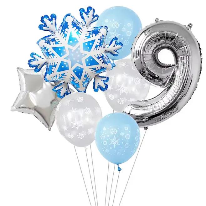 7Pcs Snowflake 32 inch Number 1-9 Foil Balloon Set Winter Snowflake Frozen Theme Balloons Birthday Party Holiday Decorations