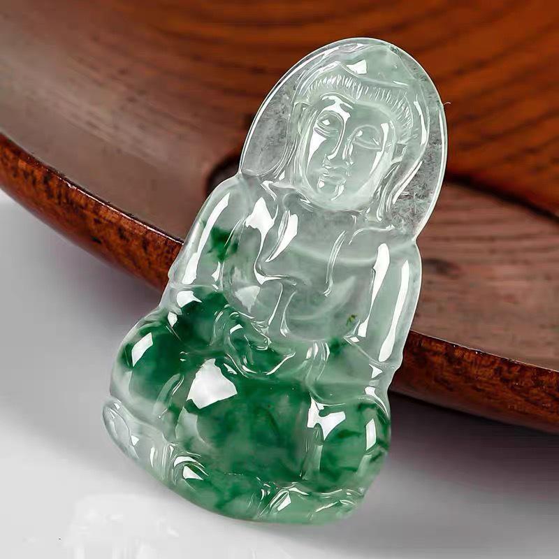 Transparent Jade Guanyin Pendant with Floating Green Flowers - Unisex Necklace Gift