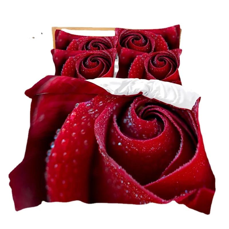 Flor Rosa Vermelha Roupa de Cama de Casamento Super Confortável Tamanho Casal King Capa de Edredom 2 Peças Fronha Têxtil para Casa Conjuntos de Capas para Camas