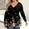 Women's Plus Size Shirt Long Sleeve  Print Top Pleated Casual V-Neck Top