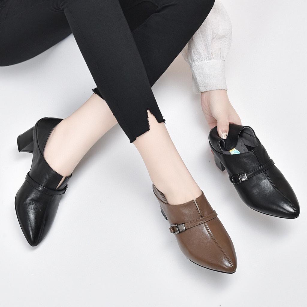 Fashion pointed single shoes 2025 spring new simple thick heel first layer cowhide one pedal two wear deep high heel women's shoes