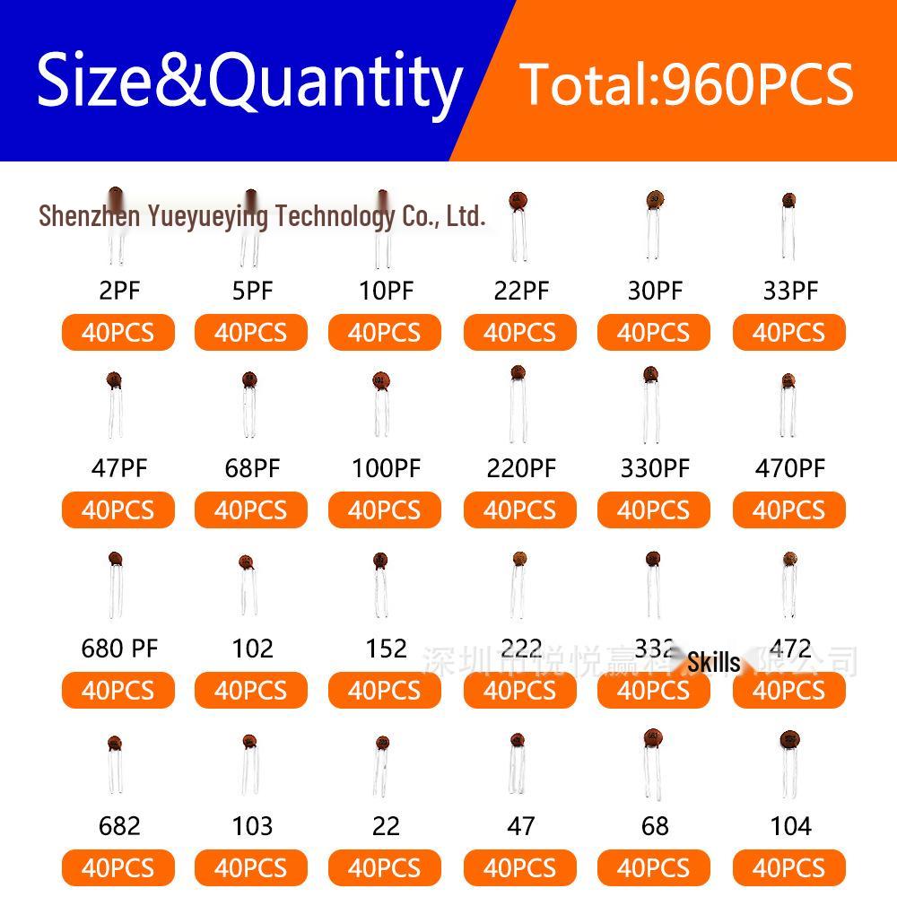 960PCS Chip Ceramic Capacitor Box, 24 Values (2pF-100nF), 40 Pieces Each