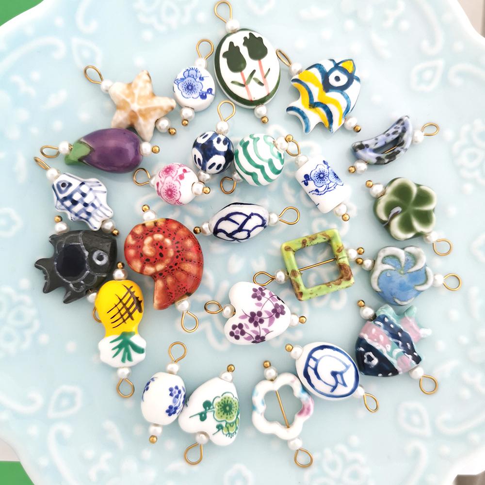 1pc Ceramics Pendant Charm Fish Heart Flower Conch Star Fruits Necklace Stainless Steel Geometric Imitation Pearl