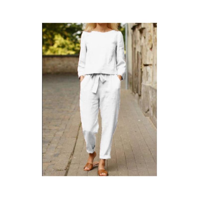 Fall Style Casual Hemp Two-piece Loose Waist Tie Fashion Color Long-sleeved Sports Suit for Women