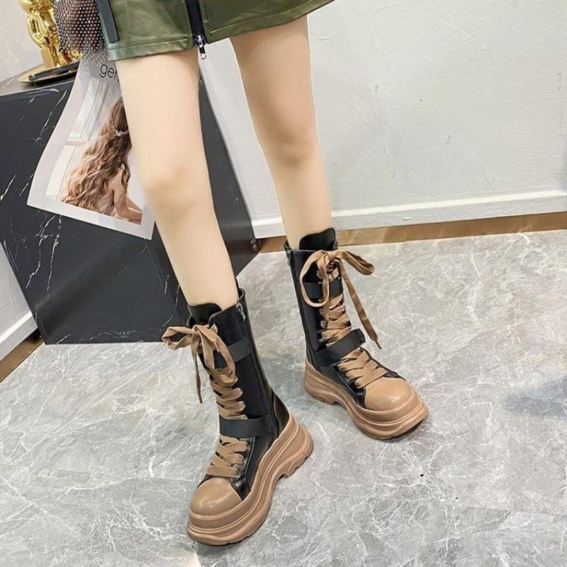 Height Increase Round Toe with Laces Half High Boots for Women Autumn Winter New Rock Fleece-Lined Platform Mid Calf Shoes Woman